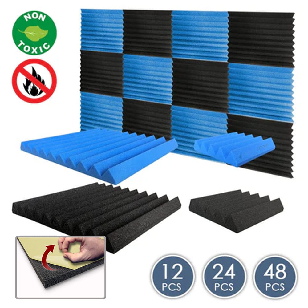 Arrowzoom Wedge Tiles Series Acoustic Foam - Black x Blue Bundle - KK1134 Blue / Black / 12 Pieces - 25 x 25 x 5 cm / 10 x 10 x 2in / Yes - With Adhesive