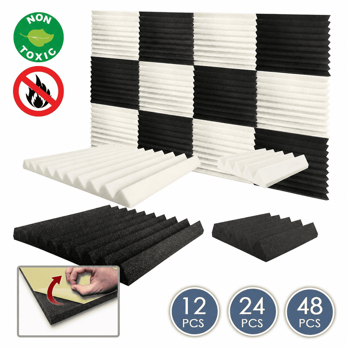 Arrowzoom Wedge Tiles Series Acoustic Foam - Black x Pearl White Bundle - KK1134 White / Black / 12 Pieces - 25 x 25 x 5 cm / 10 x 10 x 2in / Yes - With Adhesive