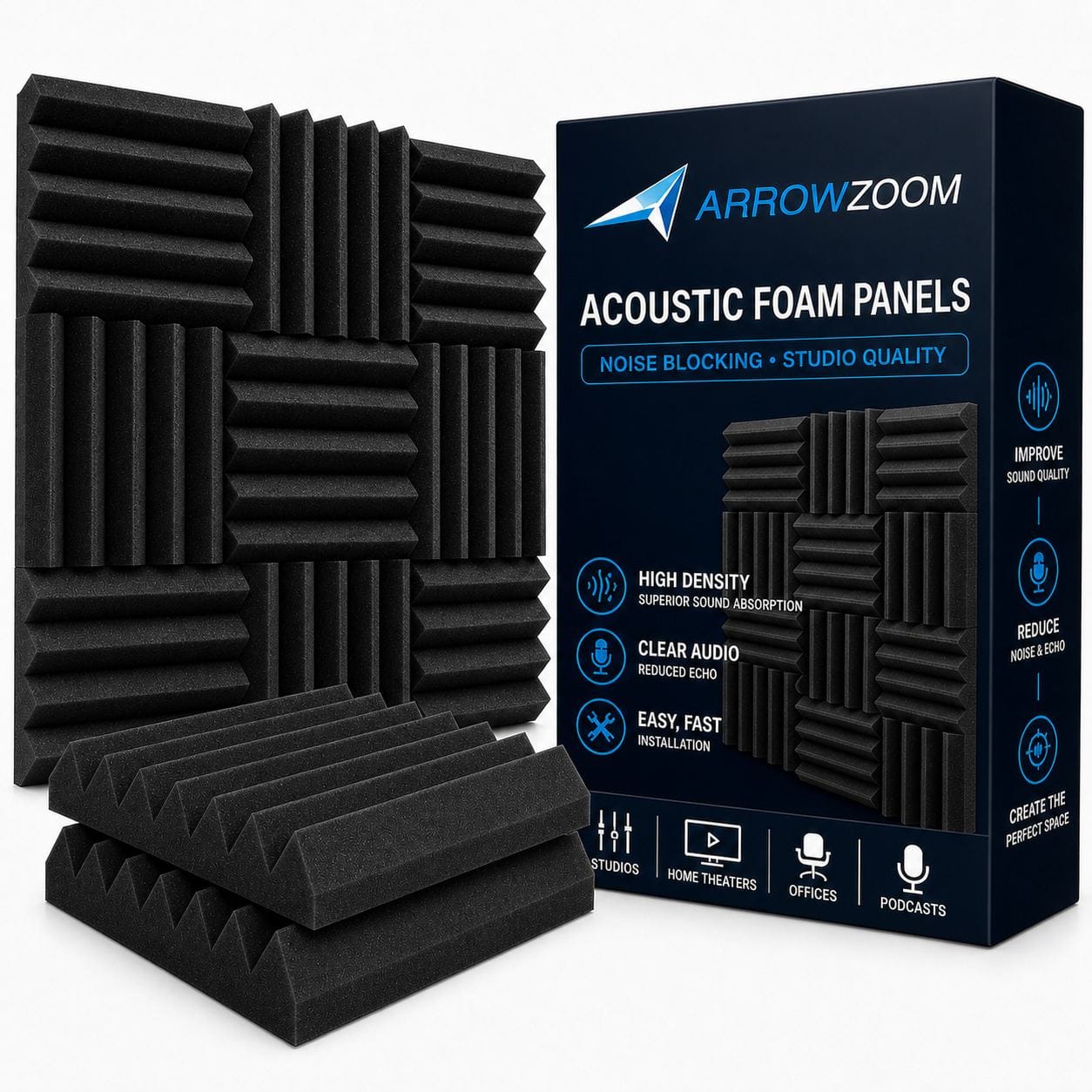 Arrowzoom Acoustic Wedge Tiles Adhesive Backed Foam- Solid Colors - KK1134
