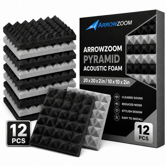 Arrowzoom Pyramid Self-Adhesive Acoustic Foam Tiles — Peel & Stick — Black x Gray Bundle - KK1034