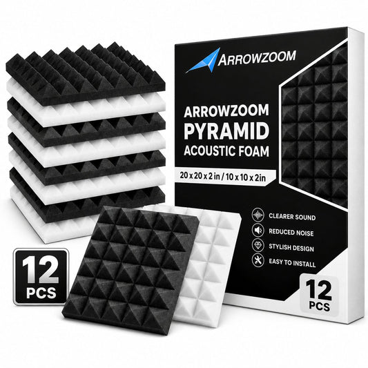 Arrowzoom Pyramid Self-Adhesive Acoustic Foam Tiles — Peel & Stick — Black x Pearl White Bundle - KK1034