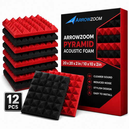 Arrowzoom Pyramid Self-Adhesive Acoustic Foam Tiles — Peel & Stick — Black x Red Bundle - KK1034