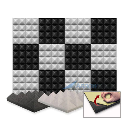 Arrowzoom Pyramid Series Acoustic Foam - Black x Gray Bundle - KK1034 Black / Grey / 12 Pieces - 25 x 25 x 5 cm/ 10 x 10 x 2in / Yes - With Adhesive