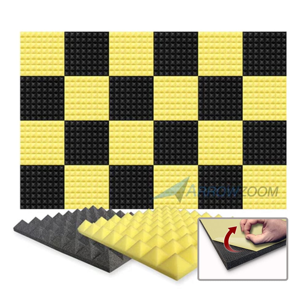 Arrowzoom Pyramid Series Acoustic Foam - Black x Yellow Bundle - KK1034 Yellow / Black / 24 Pieces - 25 X 25 X 5 cm/ 10 x 10 x 2in / Yes - With Adhesive