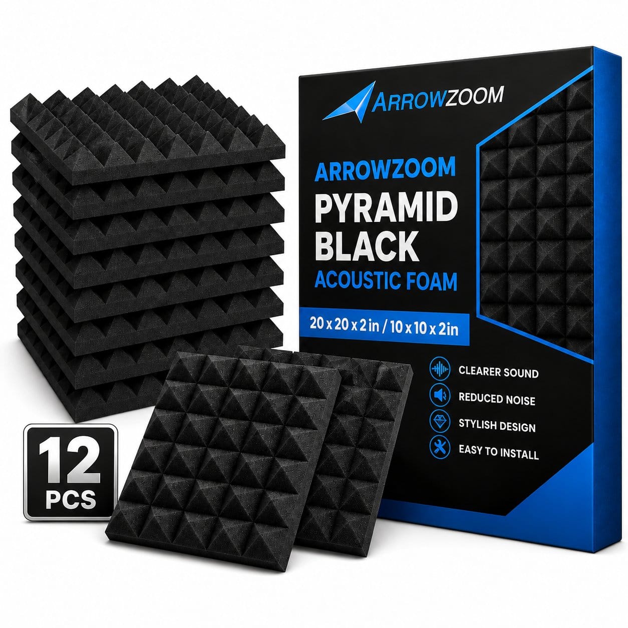 Arrowzoom Pyramid Self-Adhesive Acoustic Foam Tiles — Peel & Stick —  Solid Colors - KK1034 Black / 1 Piece - 25 x 25 x 5 cm / 10 x 10 x 2in / No