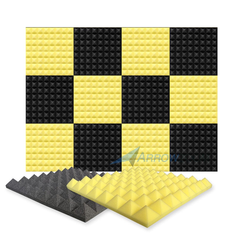 Arrowzoom Pyramid Series Acoustic Foam - Black x Yellow Bundle - KK1034 12 Pieces - 50 x 50 x 5 cm / 20 x 20 x 2 in