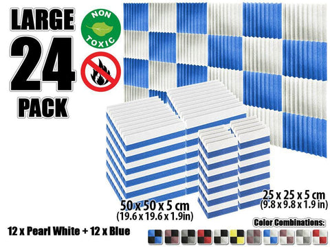 New 24 pcs Color Combination Wedge Tiles Acoustic Panels Sound Absorption Studio Soundproof Foam KK1134 25 x 25 x 5 cm (9.8 x 9.8 x 1.9 in) / Blue & White