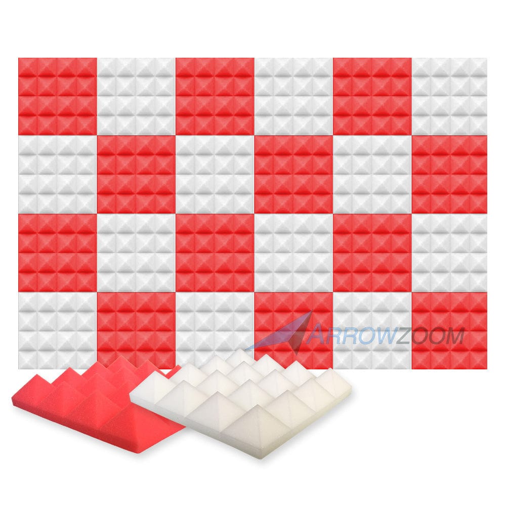 New 24 pcs Pearl White and Red Bundle Pyramid Tiles Acoustic Panels Sound Absorption Studio Soundproof Foam KK1034 25 X 25 X 5cm (9.8 X 9.8 X 1.9 in)