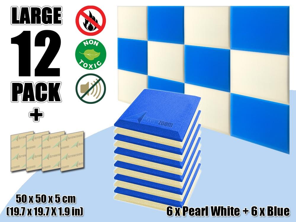 New 12 pcs Pearl White & Blue Bundle Flat Bevel Tile Acoustic Panels Sound Absorption Studio Soundproof Foam KK1039