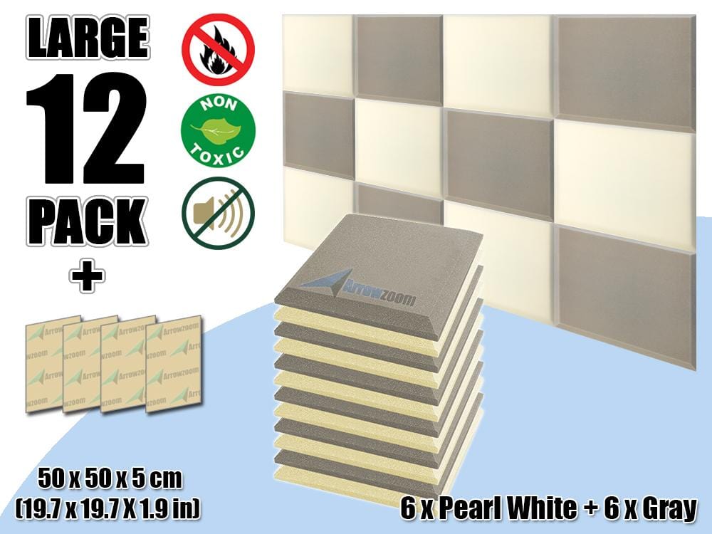 New 12 pcs Pearl White & Gray Bundle Flat Bevel Tile Acoustic Panels Sound Absorption Studio Soundproof Foam KK1039