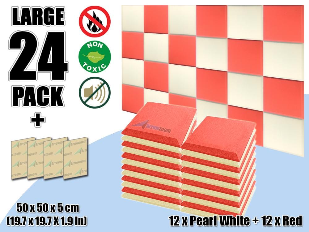 New 24 pcs Pearl White & Red Bundle Flat Bevel Tile Acoustic Panels Sound Absorption Studio Soundproof Foam KK1039