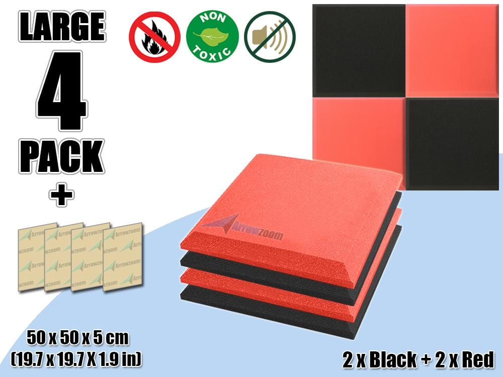 New 4 pcs Black & Red Bundle Flat Bevel Tile Acoustic Panels Sound Absorption Studio Soundproof Foam KK1039