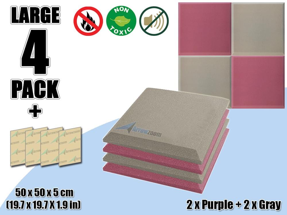 New 4 pcs Purple & Gray Bundle Flat Bevel Tile Acoustic Panels Sound Absorption Studio Soundproof Foam KK1039