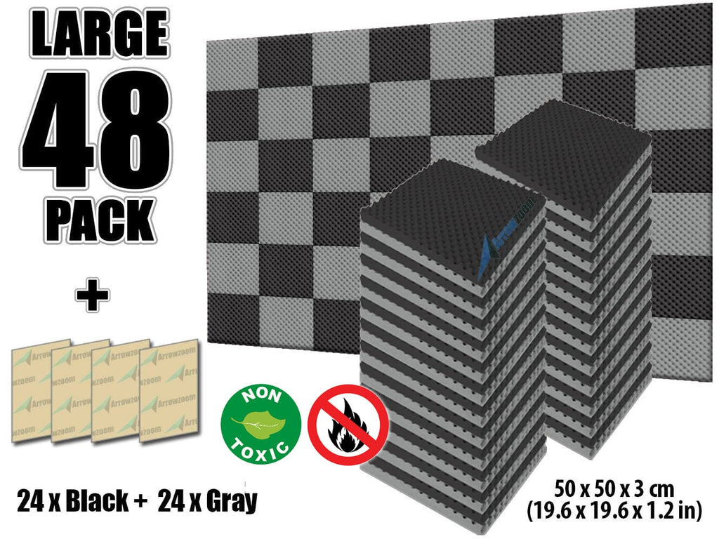 New 48 Pcs Black and Gray Bundle Egg Crate Convoluted Acoustic Tile Panels Sound Absorption Studio Soundproof Foam KK1052