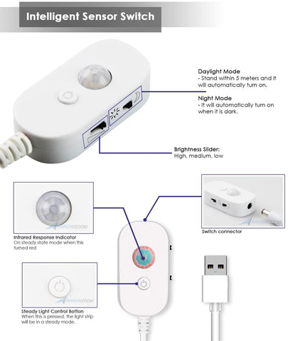 Arrowzoom 5 Meters LED Light Strip Adhesive Backed Flexible Lamp Tape Sensor Switch USB Powered KK1185